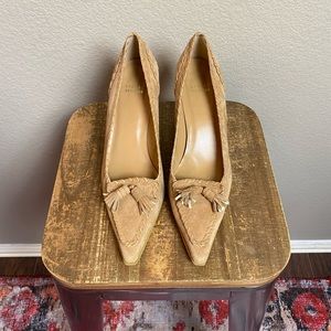 Stuart Weitzman Tan Suede  pointed Kitten Heels with Tassel Detail